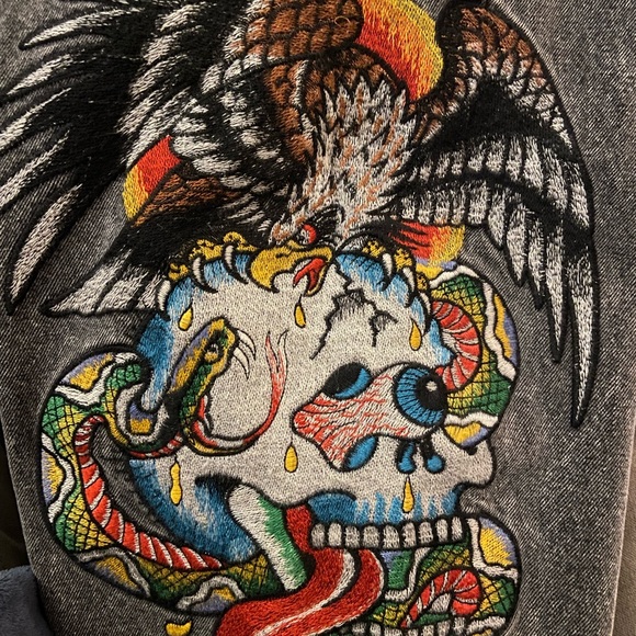 Ed Hardy Battle Skull Loose Fit Jeans Gray Grey Blue Embroidered NWT New 36x32 - Picture 3 of 3